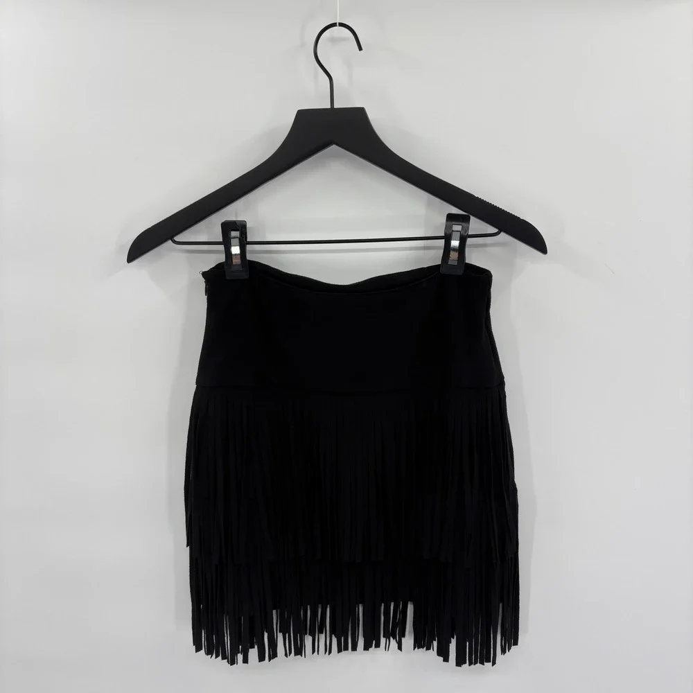 Fringe Faux Suede Mini Skirt Small Black Festival Coachella Western Gasparilla - Picture 2 of 10